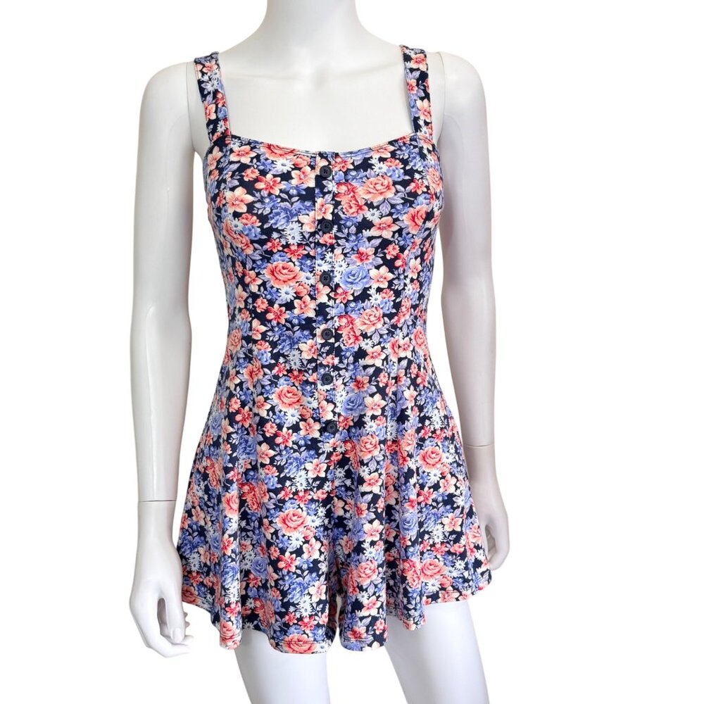 Forever 21 Romper Womens S Navy Floral Sleeveless Faux Button-Up
